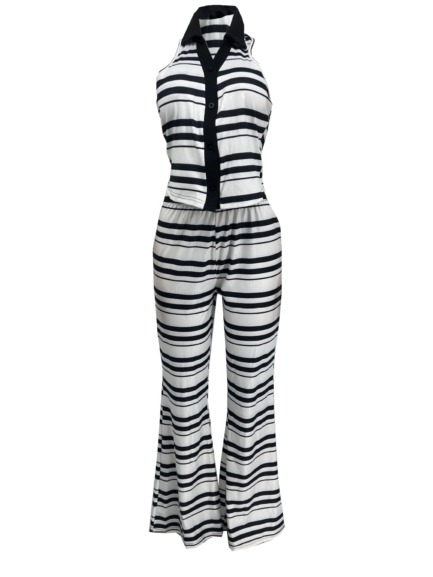 Women Summer Casual Shirt Collar Sleeveless Top and Pants Two-Piece Set 6