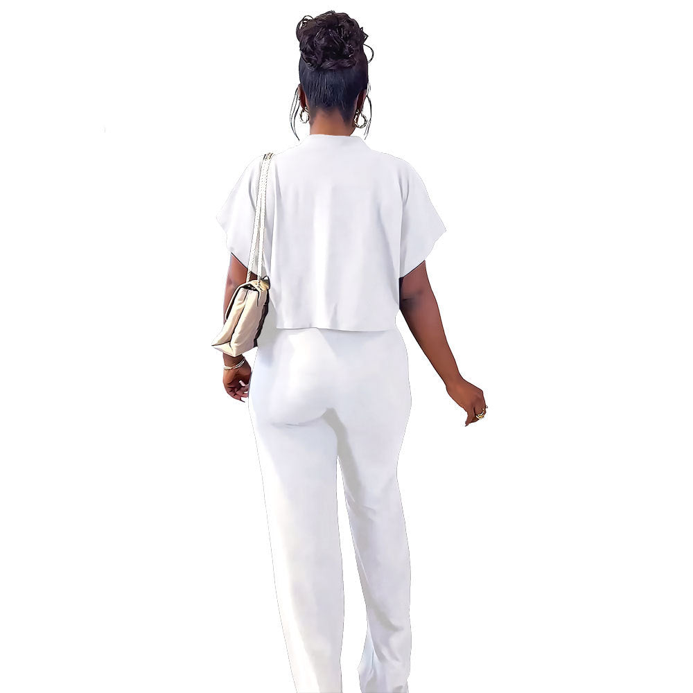 Versatile short Sleeve Shirt top solid color straight women's trousers Casual two-piece set 5