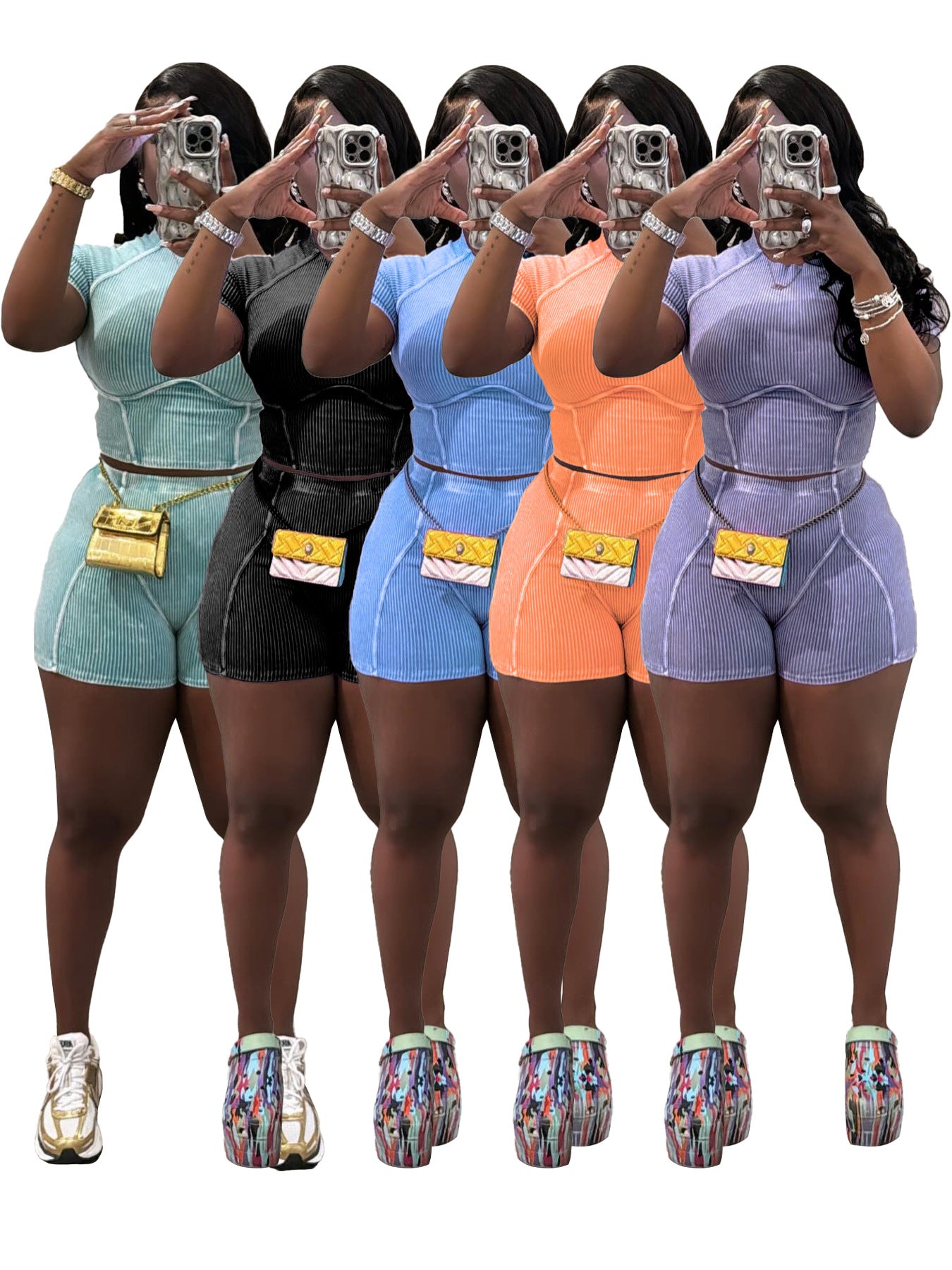 Women Fashion Ribbed Washed faded two-piece shorts set 13