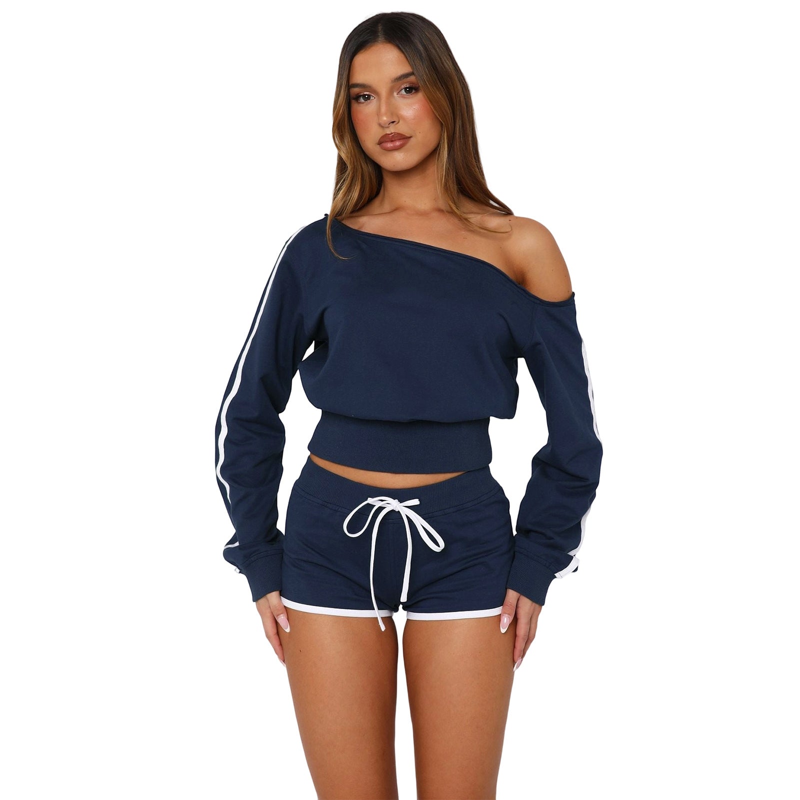 Women's Casual Slash Shoulder Long Sleeve Top Drawstring Shorts Two-Piece Set 30