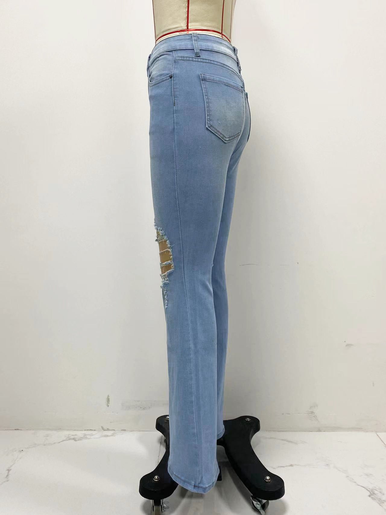 Women Spring/Summer Ripped Denim Bell Bottom Pants 7