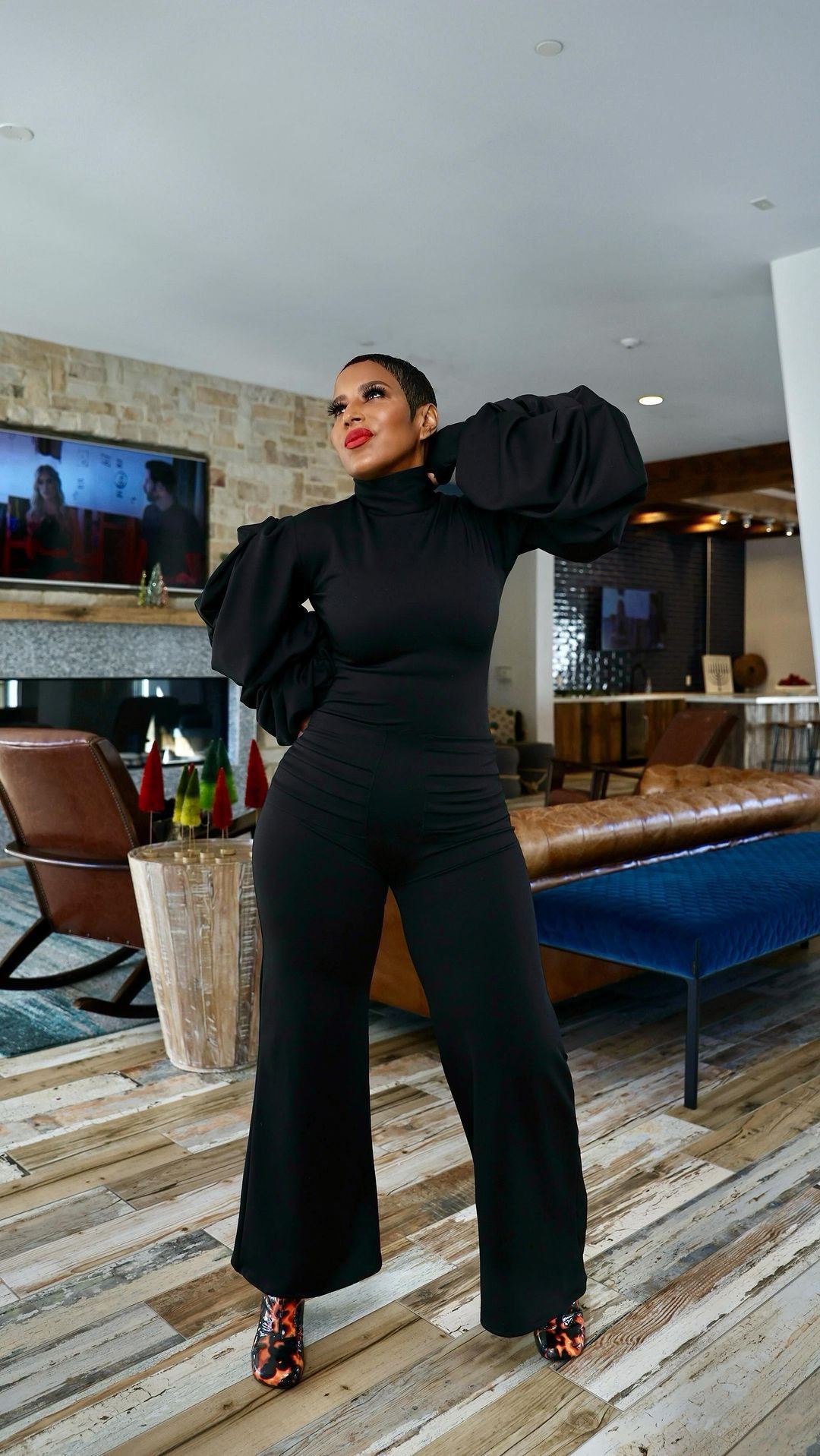 Sexy Pleated Balloon Sleeves Slim Waist Wide-Leg Jumpsuit 5