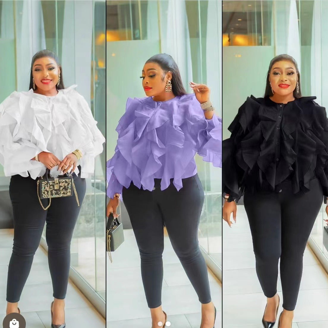 Women Round Neck Irregular Lotus Long Sleeve Casual Top Shirt 8