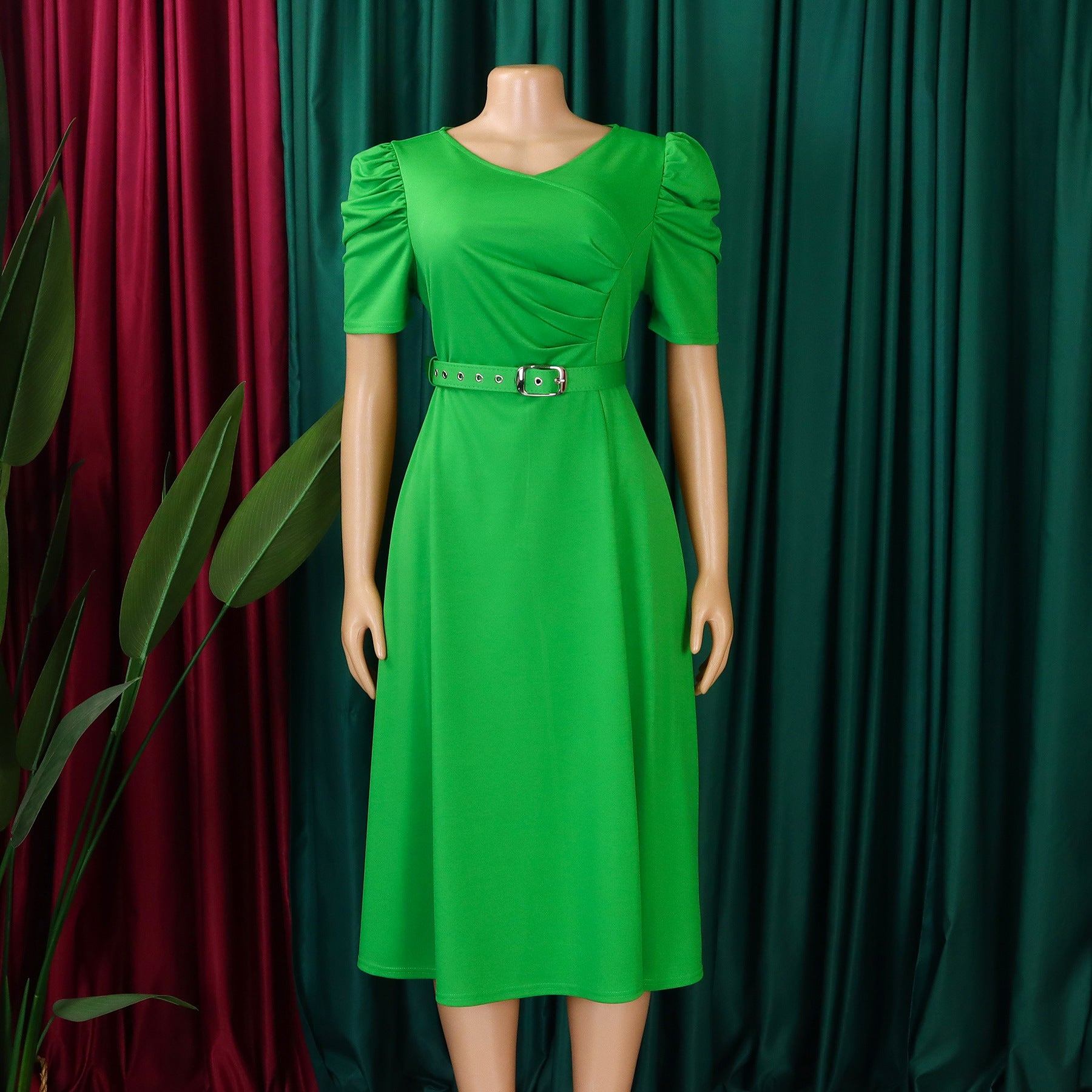 Women's Fashion Pleated Chic Elegant V-neck A-line African Dress 26