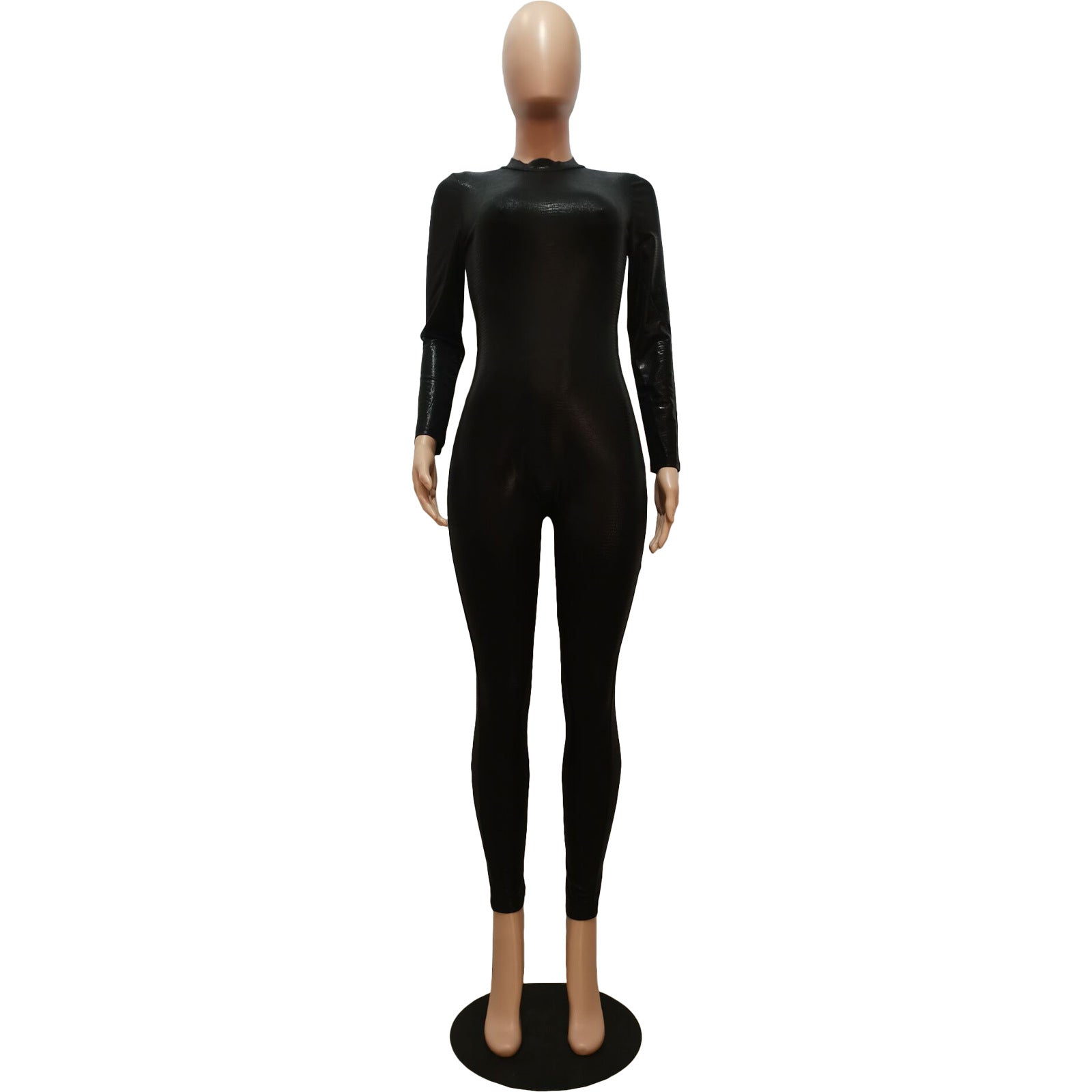 Women Fall Women Clothing Solid PU-Leather Pleated Snake Print Long Sleeve Bodycon Jumpsuit 9