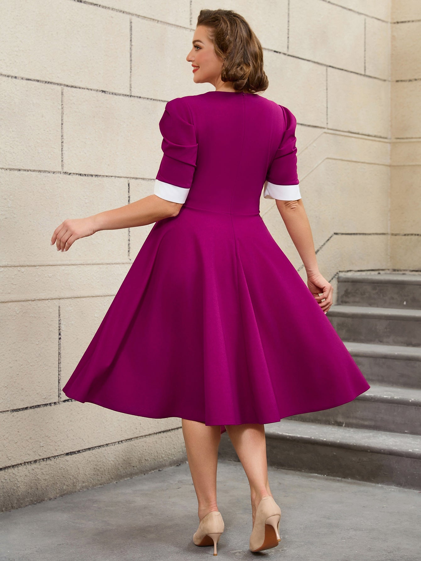 Plus Size Contrast Color Round-Neck Short-Sleeve Elegant Party Cocktail A-Line Dress 3