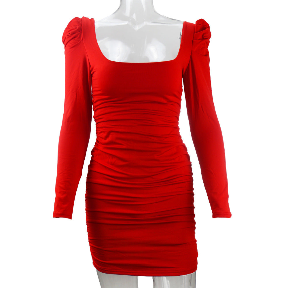 Autumn Winter Women's Sexy Low Back Stacked Shoulder Long Sleeve Slim Dress 16