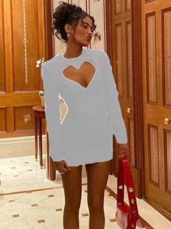 Women Round Neck Sexy Hollow Bodycon Long Sleeve Dress