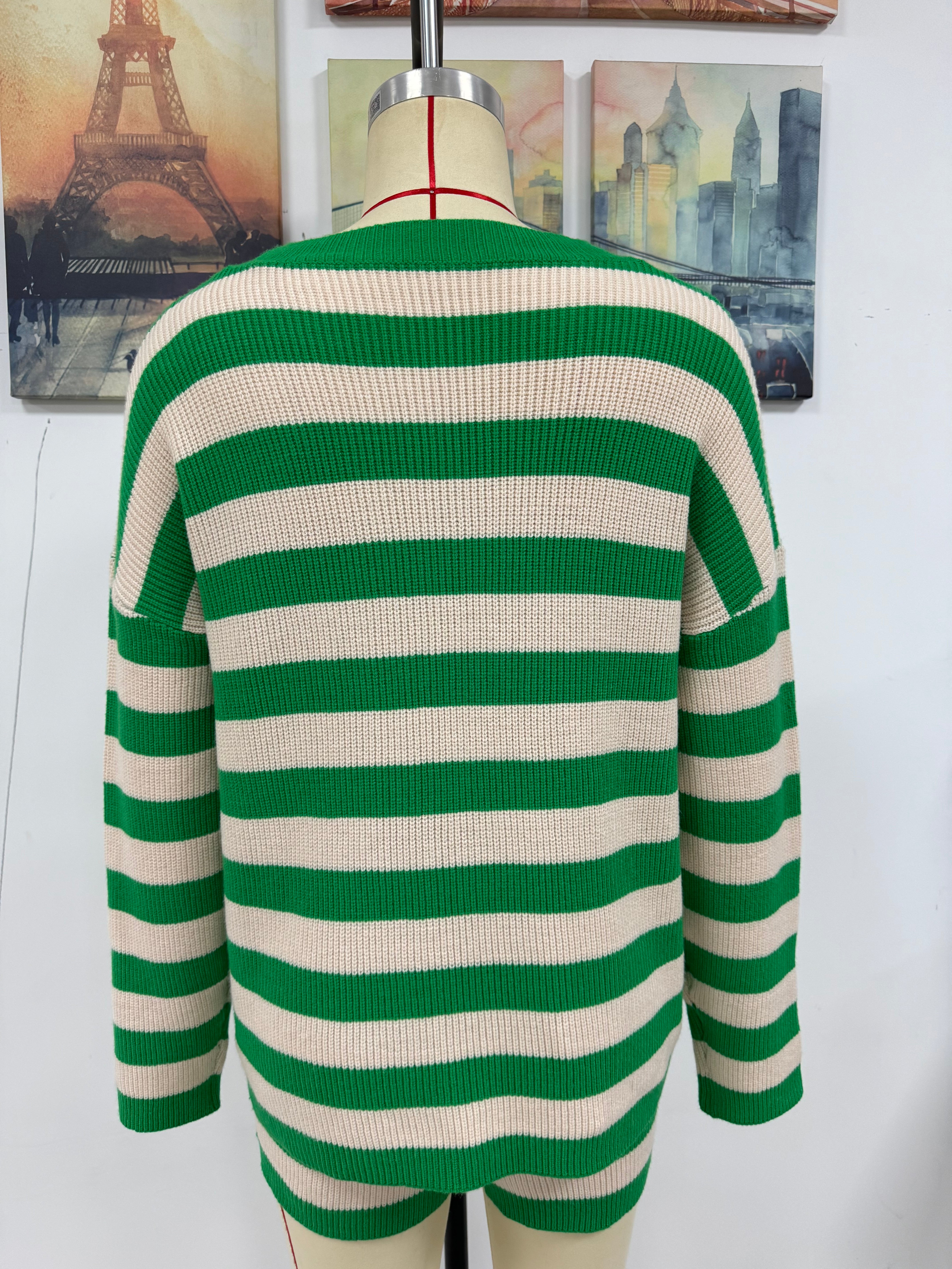 Women Stripe Patchwork Round Neck Casual Knitting Sweater and Shorts Two-piece Set 6