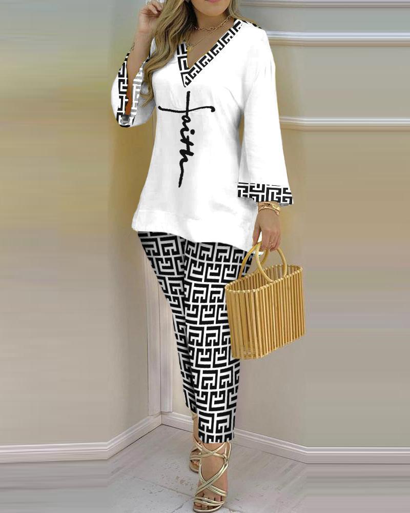 Spring Summer Print Fashion V-Neck Long Sleeve 2-Piece Pants Set 24