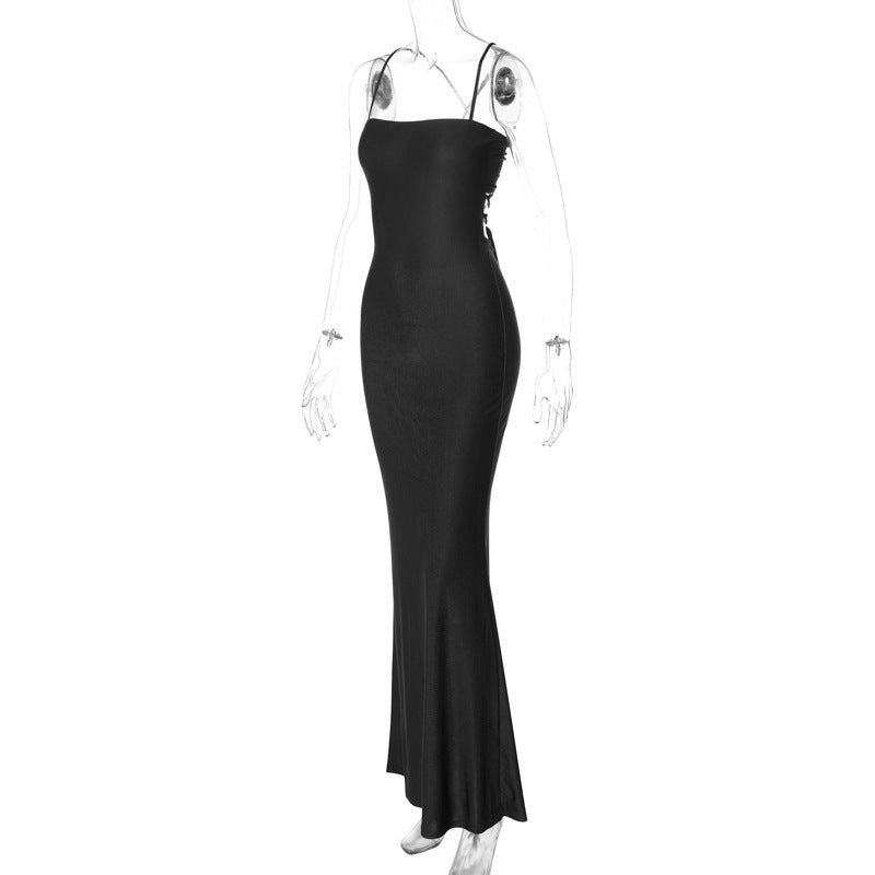 Women's Spring Solid Color Strap Low-Back Lace-Up Slim Long Dress 9