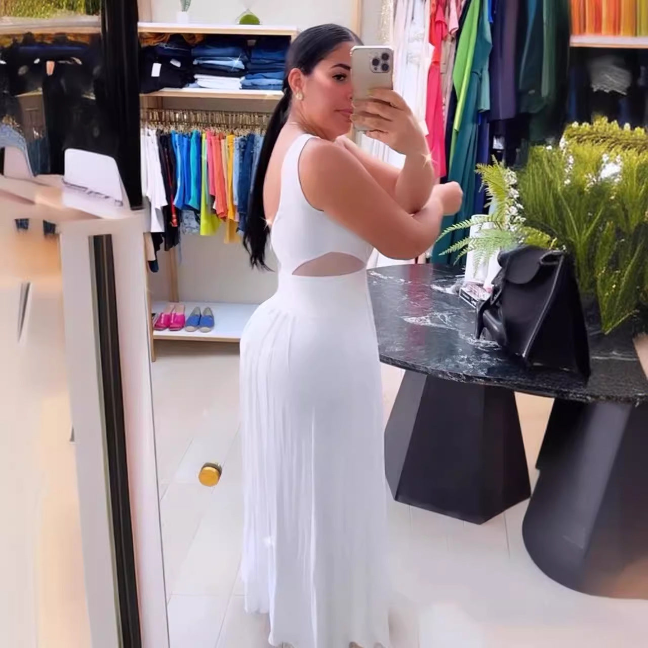 Sexy See-Through Low Back Pleated Stretch Slim Waist Dress 6