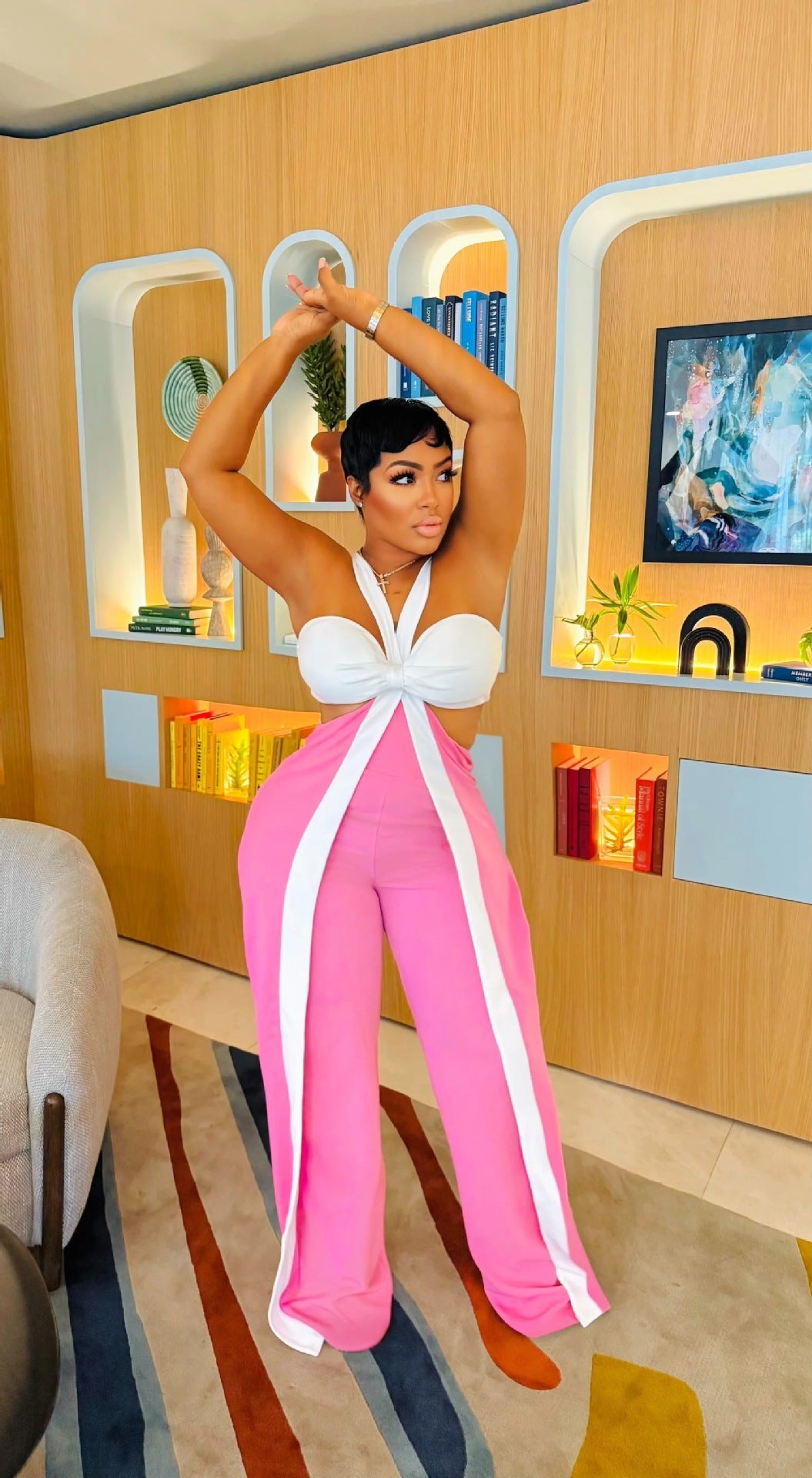 Women's Fashion Color-Block Low-Cut V-Neck Sexy Wide-Leg Jumpsuit