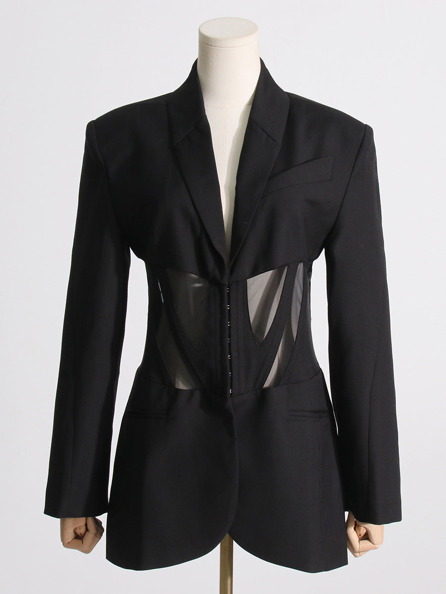 Women Fall French Career Casual mesh Patchwork See-Through Blazer