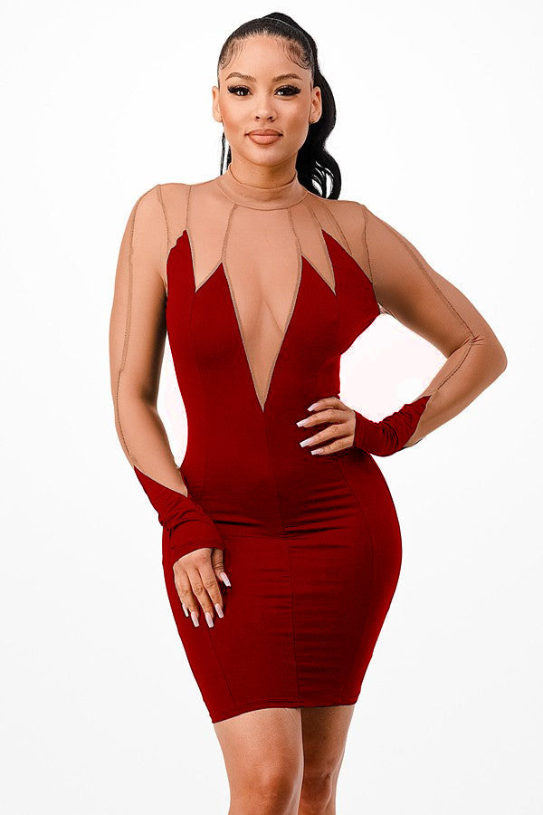 sexy contrast color long sleeve slim bodycon dress