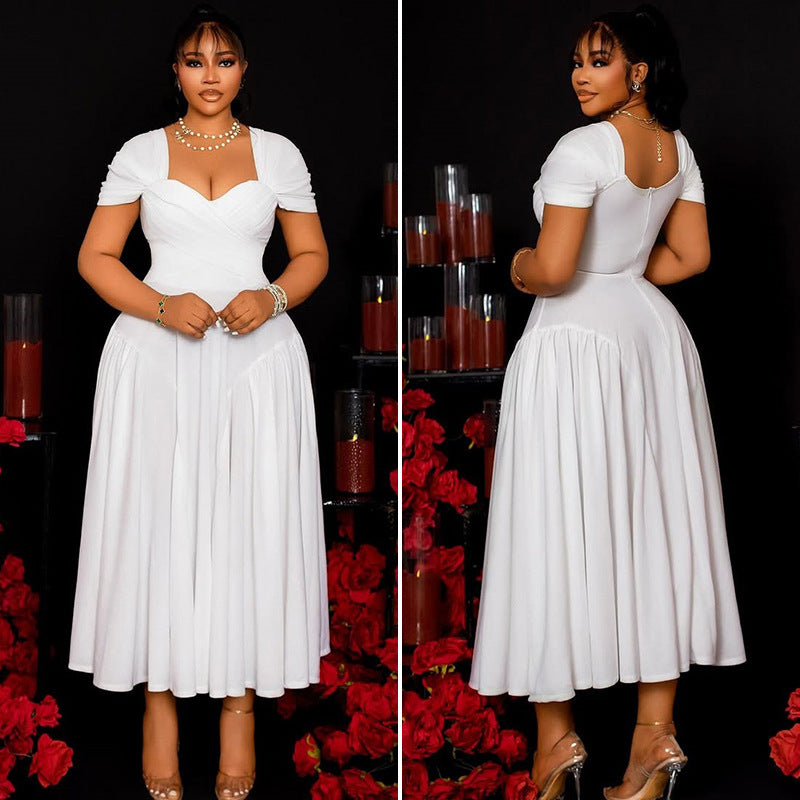 Elegant women's solid color pleated A-line V-neck short-sleeved low back long dress formal party dress 6