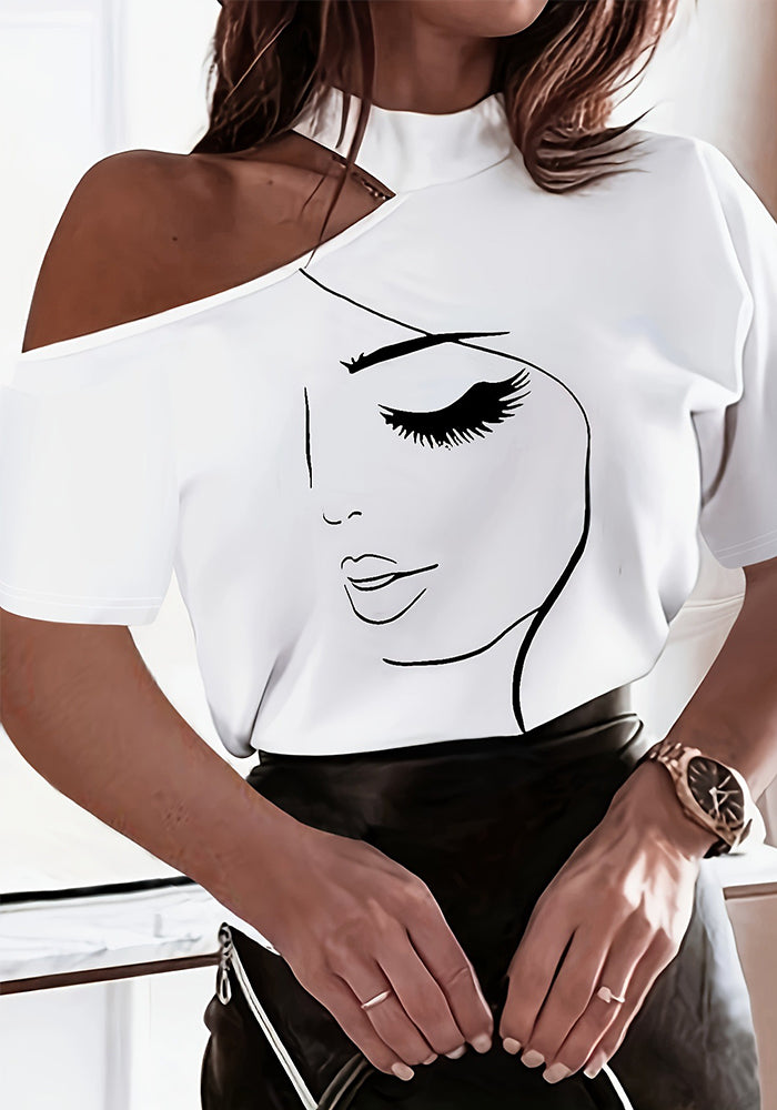 Women Printed Short Sleeve High Neck T-Shirt Off Shoulder Sexy Top
