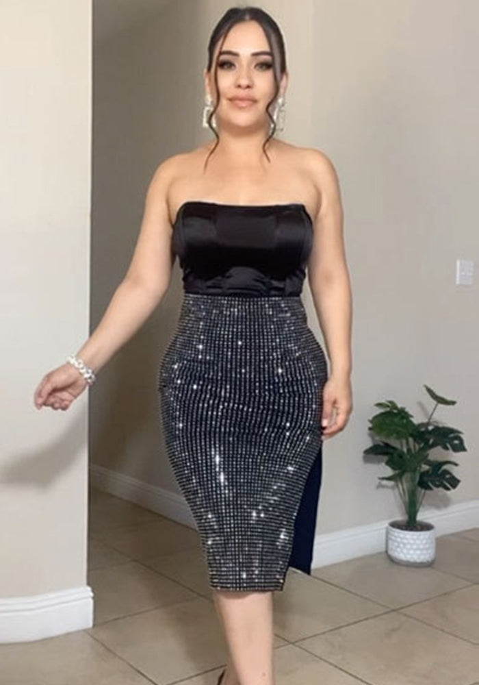 Women Sexy Top Beaded Bodycon Dress Two-piece Set