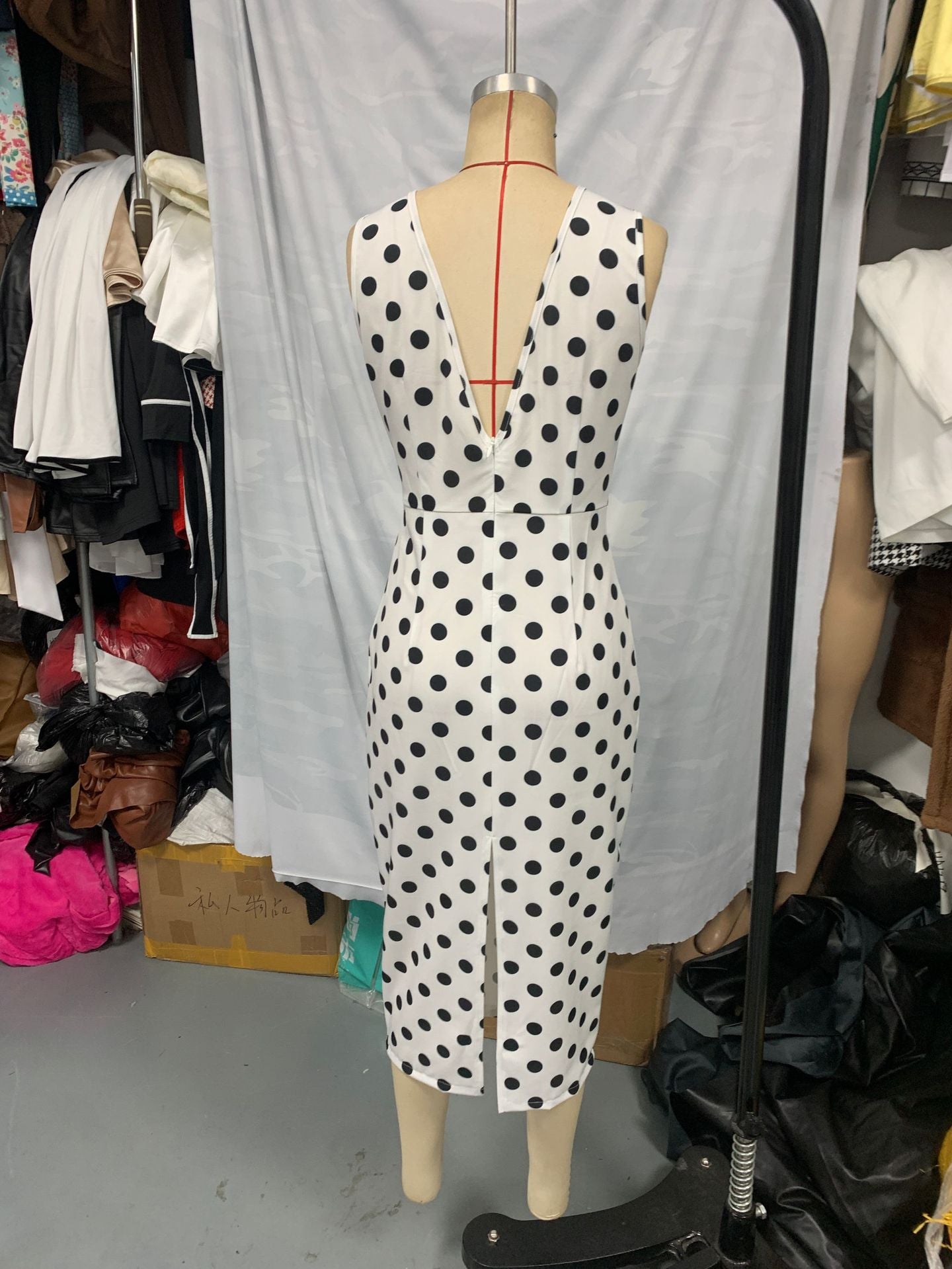 Summer Holidays Chic Black White Polka Dot Sleeveless Bow V-Neck Slit Dress 5