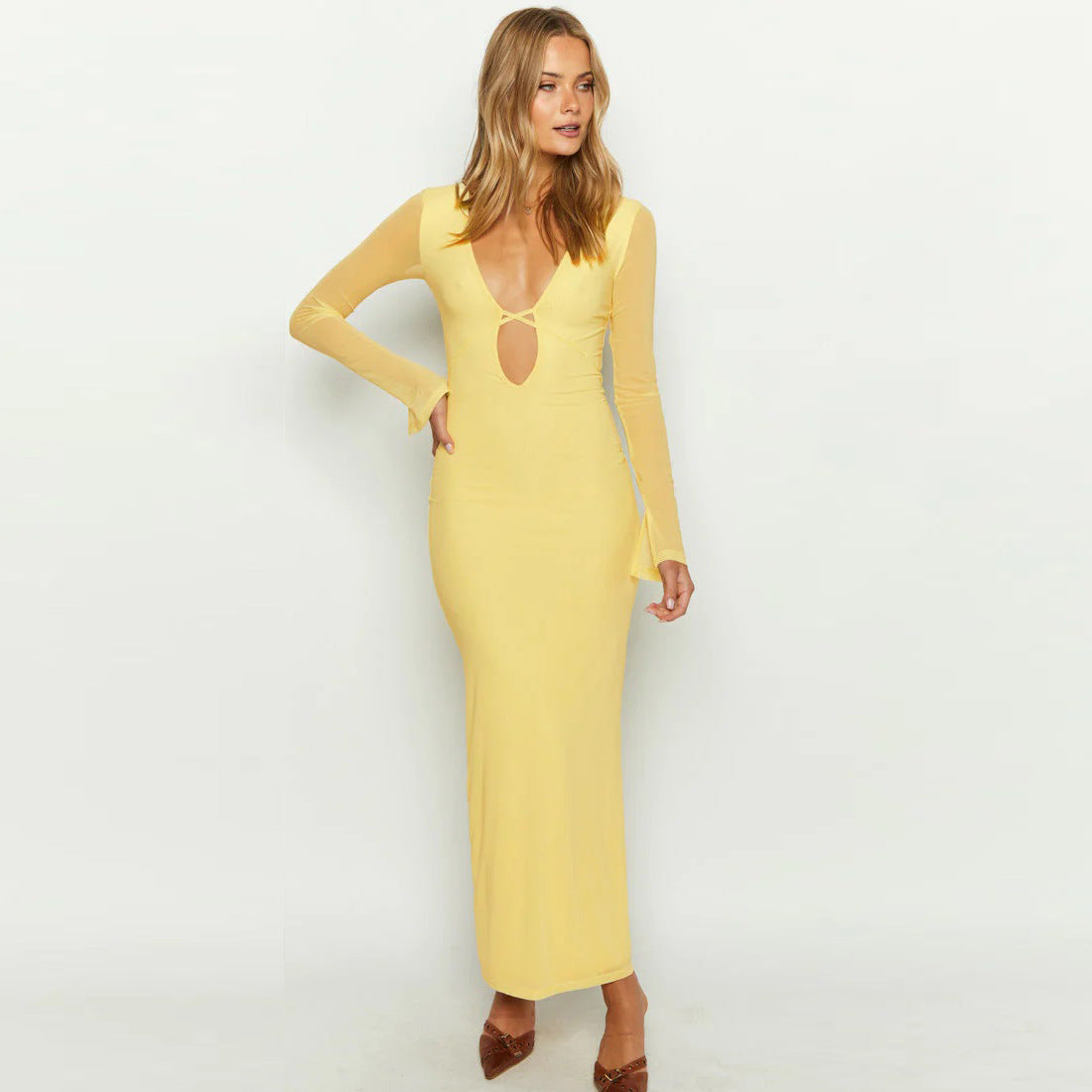 Women autumn and winter hollow mesh long-sleeved v-neck strappy dress 4