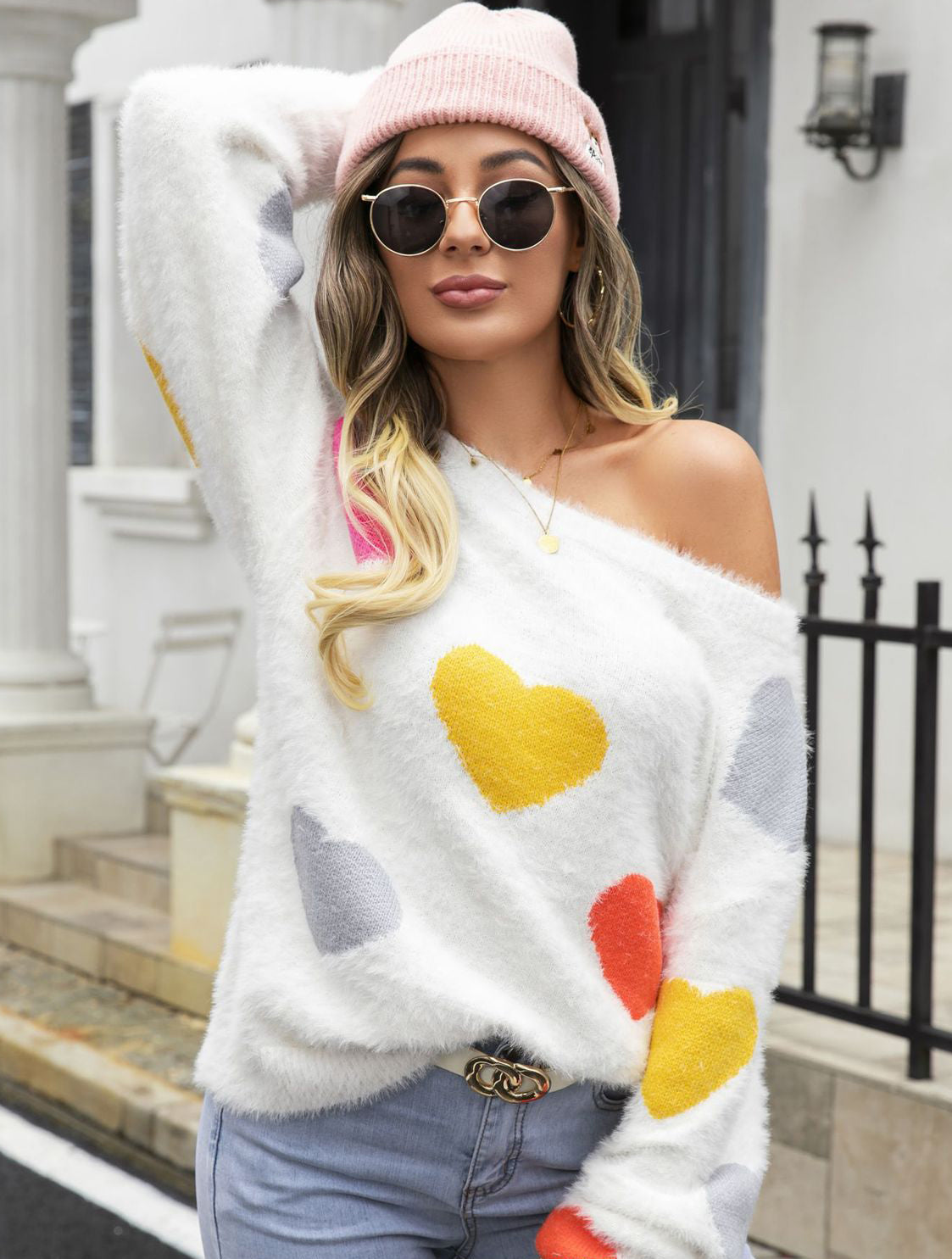 Women Round Neck Basic Heart Print Sweater 7