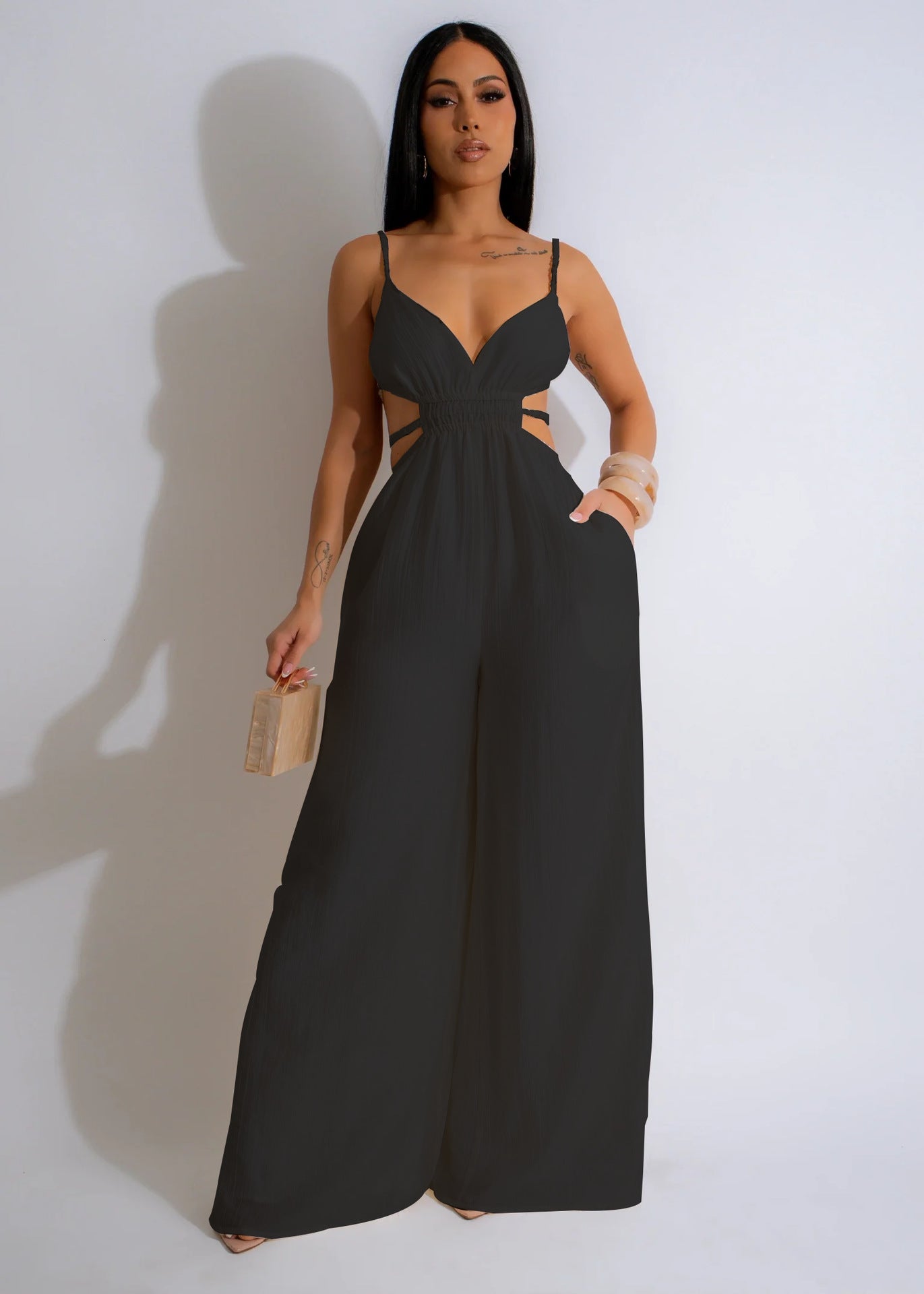 Pure Color Women's Fashionable Strap Low Back Wide Leg Jumpsuit 3