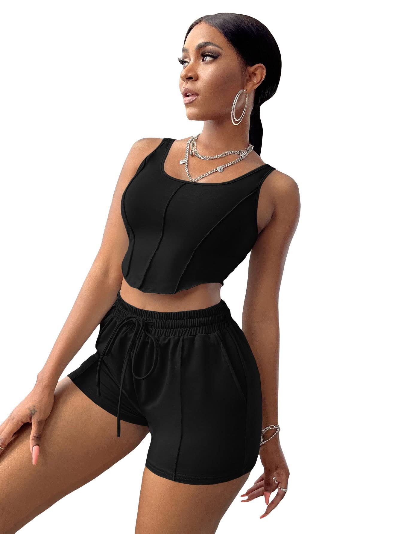 Women Sexy Irregular Top and Solid Shorts Two-Piece Set 20