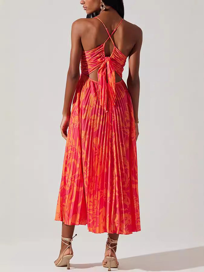 Women V-Neck Printed Sleeveless Beach Pleated Sexy Strap Dress 9