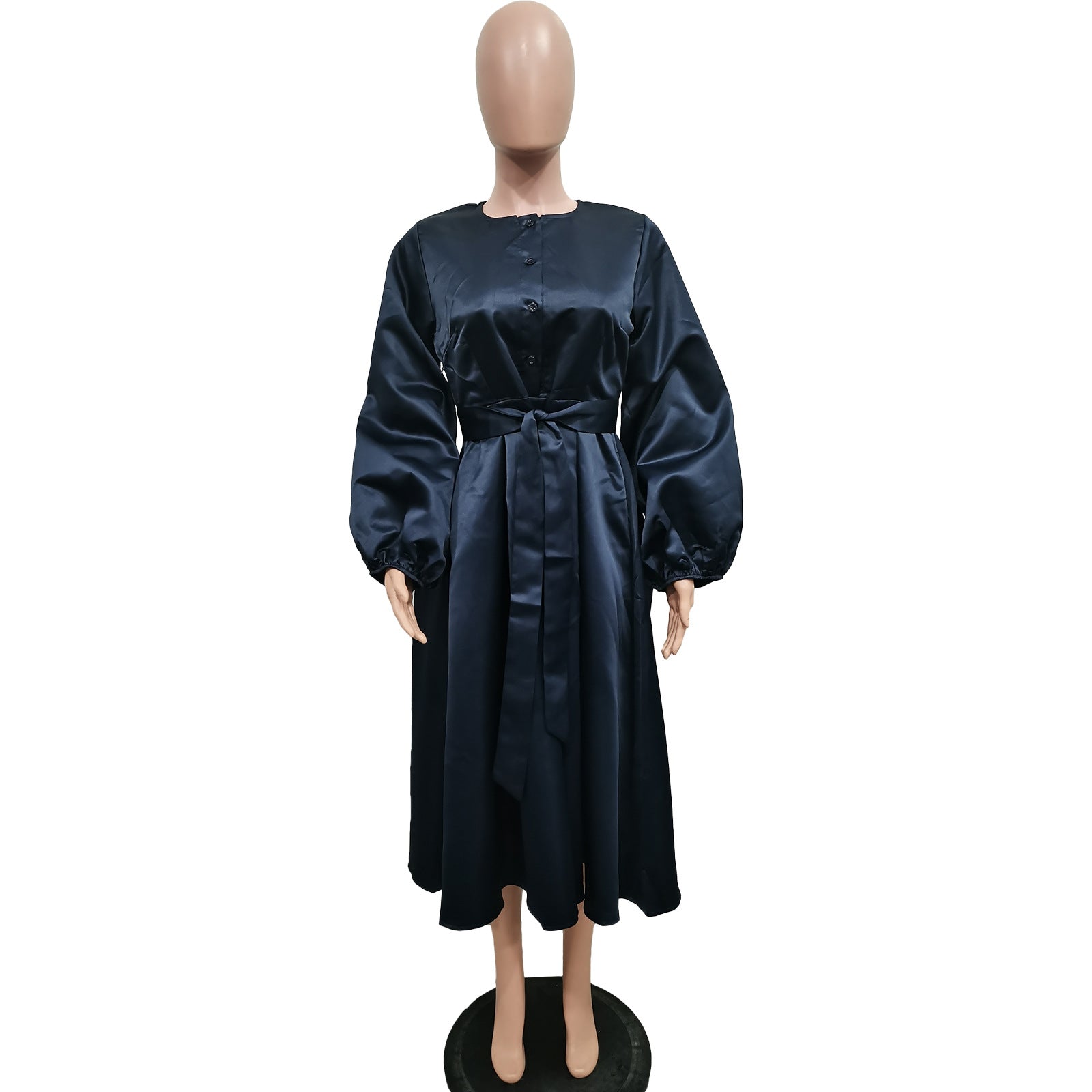 Women Solid Loose Buttoned Balloon Sleeve Dress 13