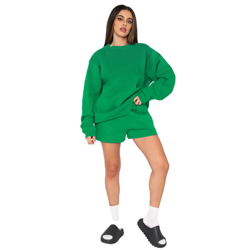 Fall Winter Solid Color Round Neck Pullover Long Sleeve Hoodies Women's Fashion Casual Shorts Two Piece Set 5