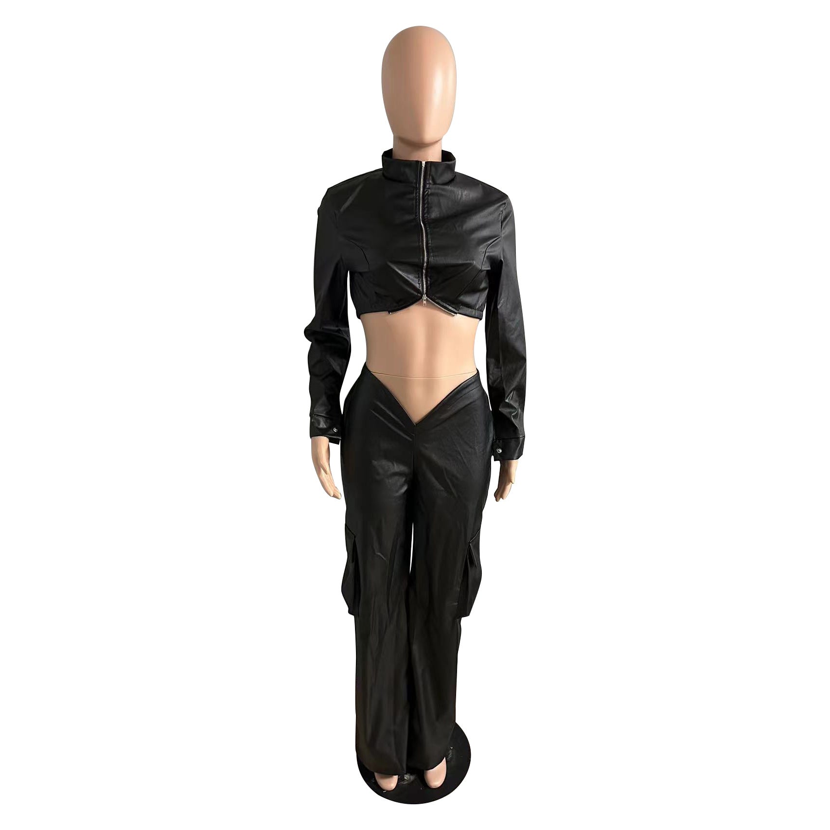 Women's Autumn And Winter Pu Leather Zipper Top Pants Sexy Two-Piece Set 13