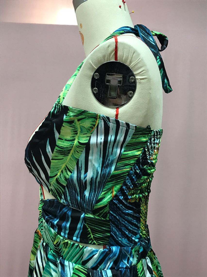 Women's Fashionable Sexy Halter Lace-Up Print Long Dress 11