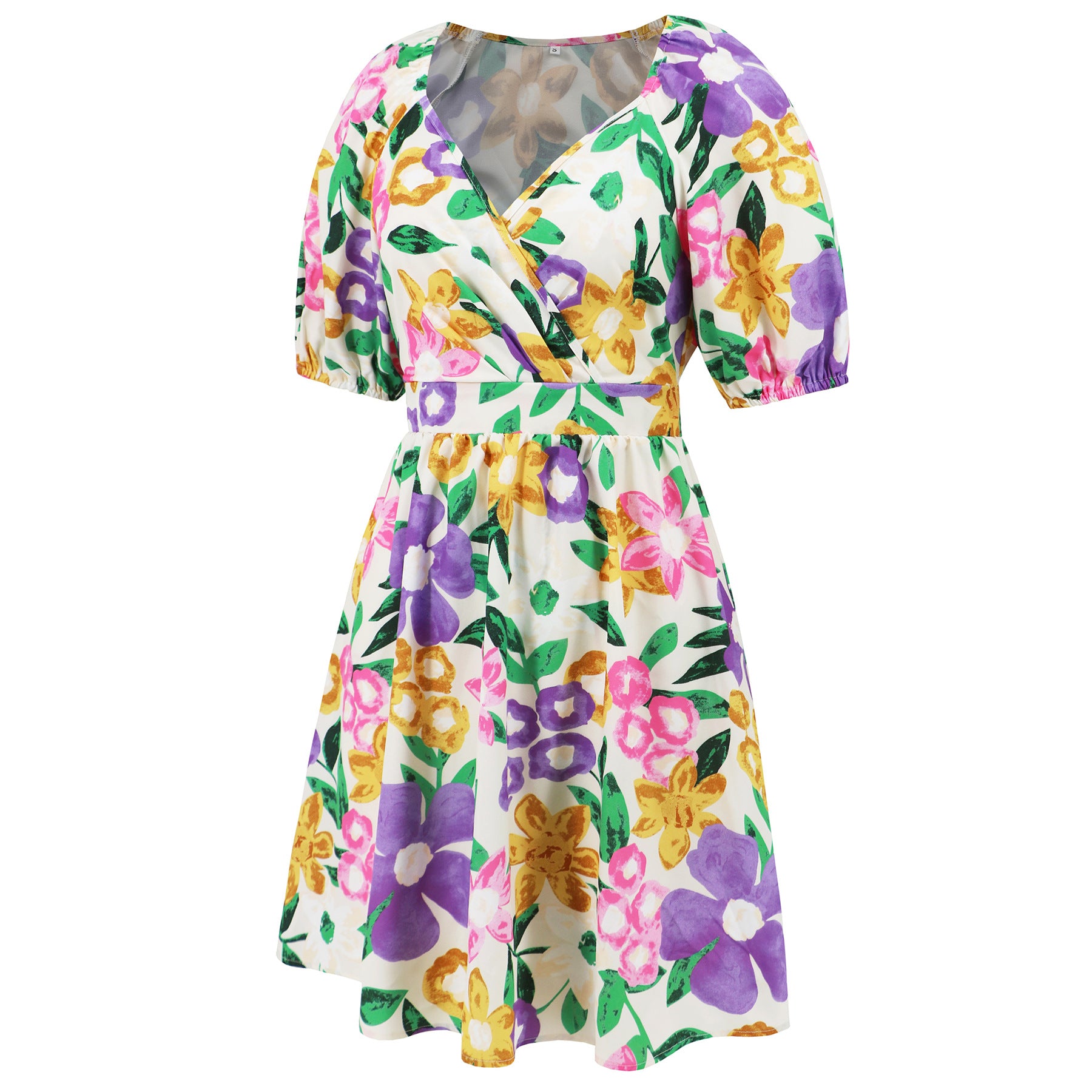 Women's Summer Printed V-Neck Lantern Sleeve Short Dress 14