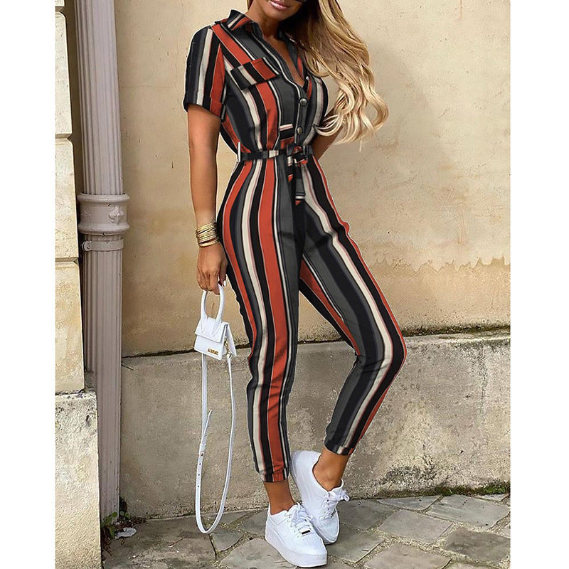 Women'S Summer Cargo Trousers Casual Turndown Collar Buttoned Printed Belt Jumpsuit 11
