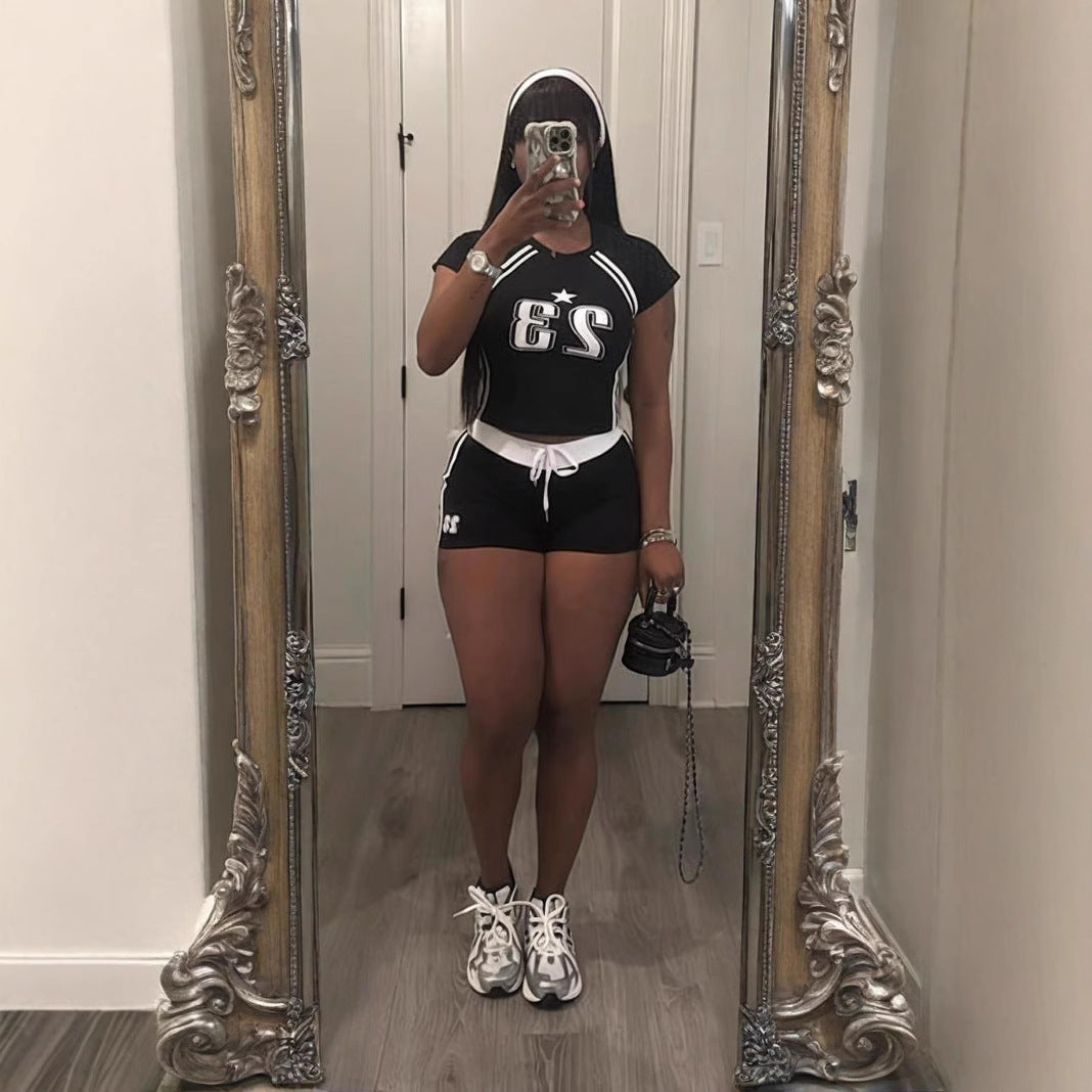 Women Contrast Color Digital Print Short Sleeve Crop Top and Shorts Two Pieces 8