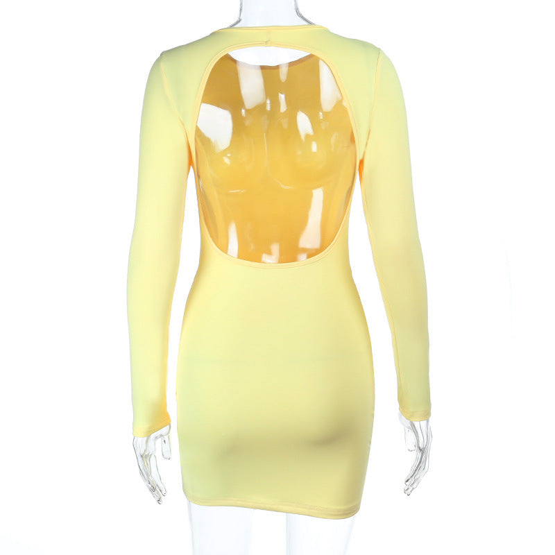 Women Backless Long Sleeve Knot Bodycon Sexy Solid Dress 8