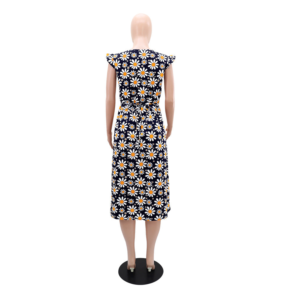 Women Round Neck Daisy Print Floral Dress 5