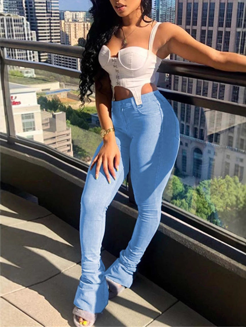 Spring/Autumn Casual Solid Pleated Denim Pants 4