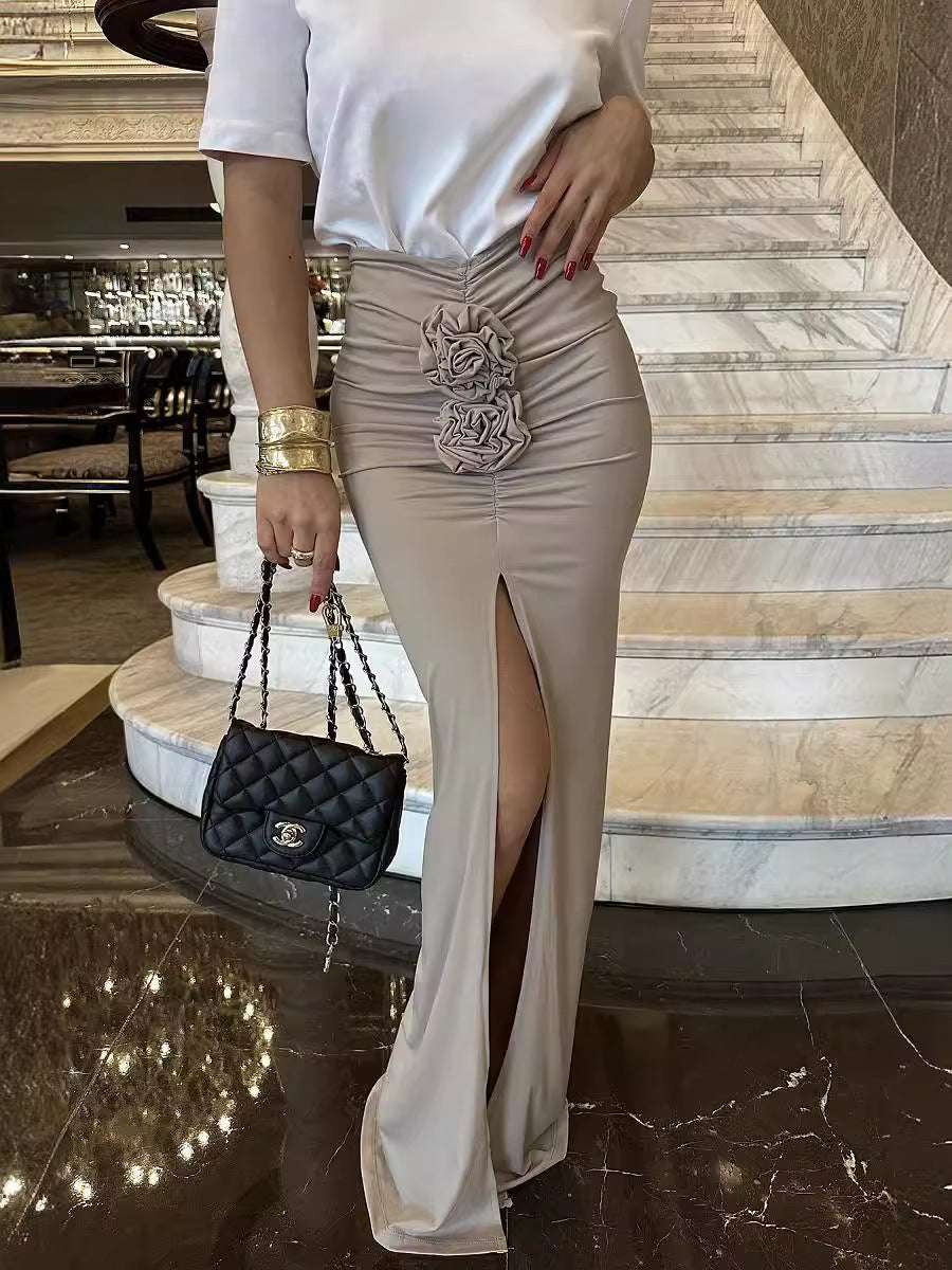 Summer Solid Color Slim Flower Split Long Skirt 9