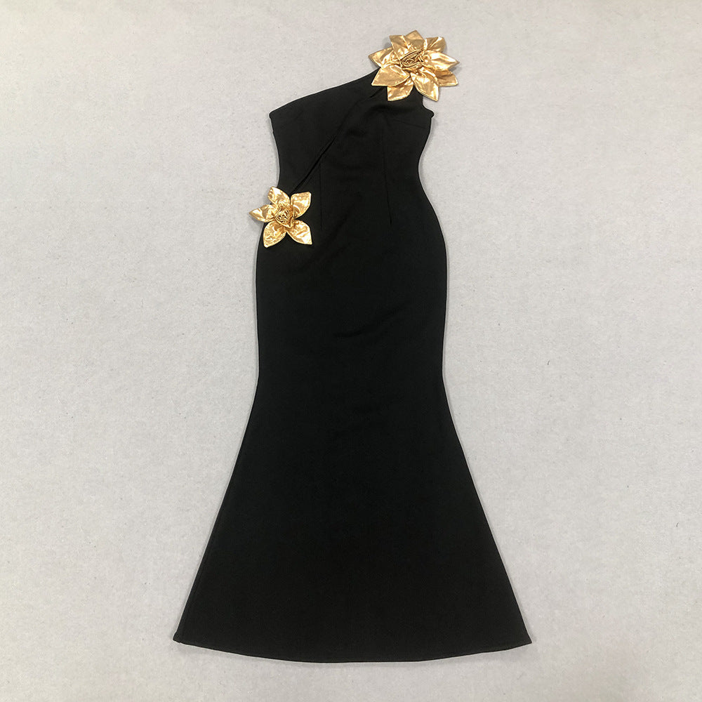 Women Sexy Formal Party One Shoulder Hollow Flower Bandage Dress 3