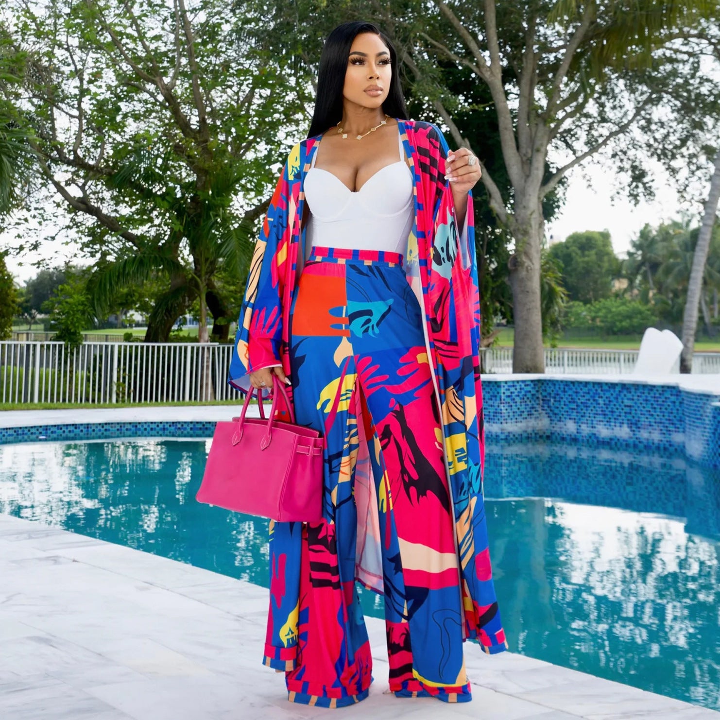 Women's Spring Chic Elegant Printed Long Sleeve Coat Wide Leg Pants Two Piece Set 4