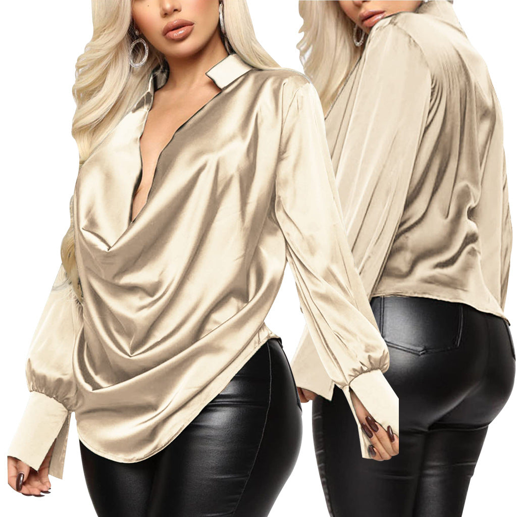 Sexy Fashion Solid Color Stretch Ladies Satin Blouse 8