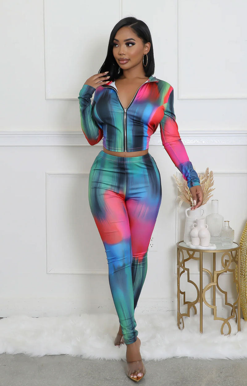 Fashionable Autumn Print Zipper Long Sleeve Slim Fit Two-Piece Pants Set 3