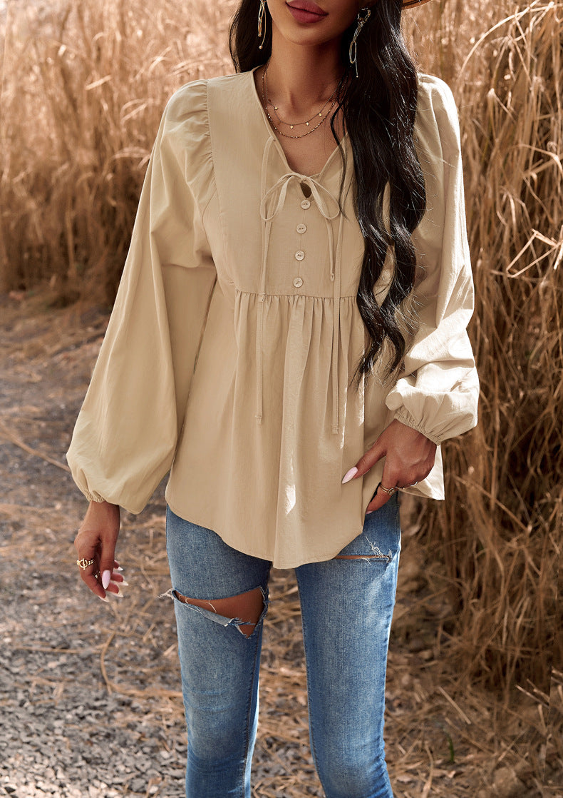 Women Chic Career Solid V Neck Long Sleeve Top 11