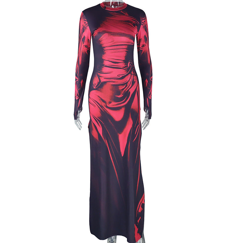 Women Elegant High Neck Long Sleeve Pleated Slit Dress 8