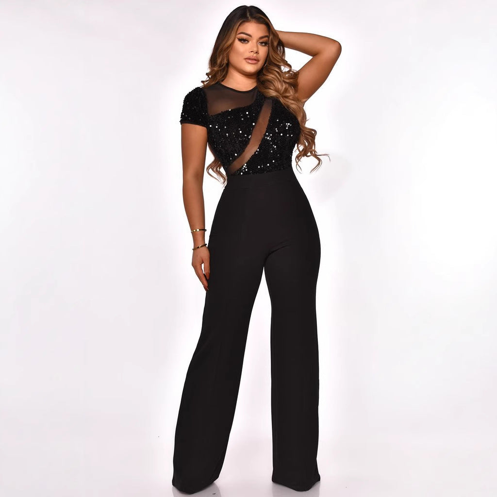 Women Irregular Sequin Patchwork Short Sleeve Jumpsuit 7