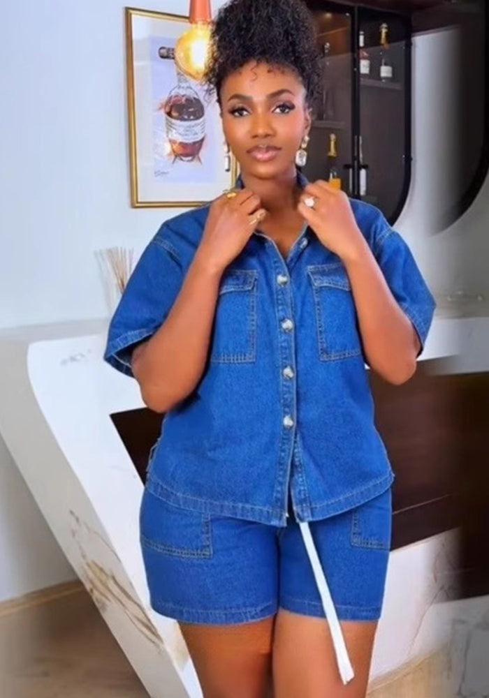 Women Denim Pocket Button Short Sleeve Top and Shorts Two-Piece Set