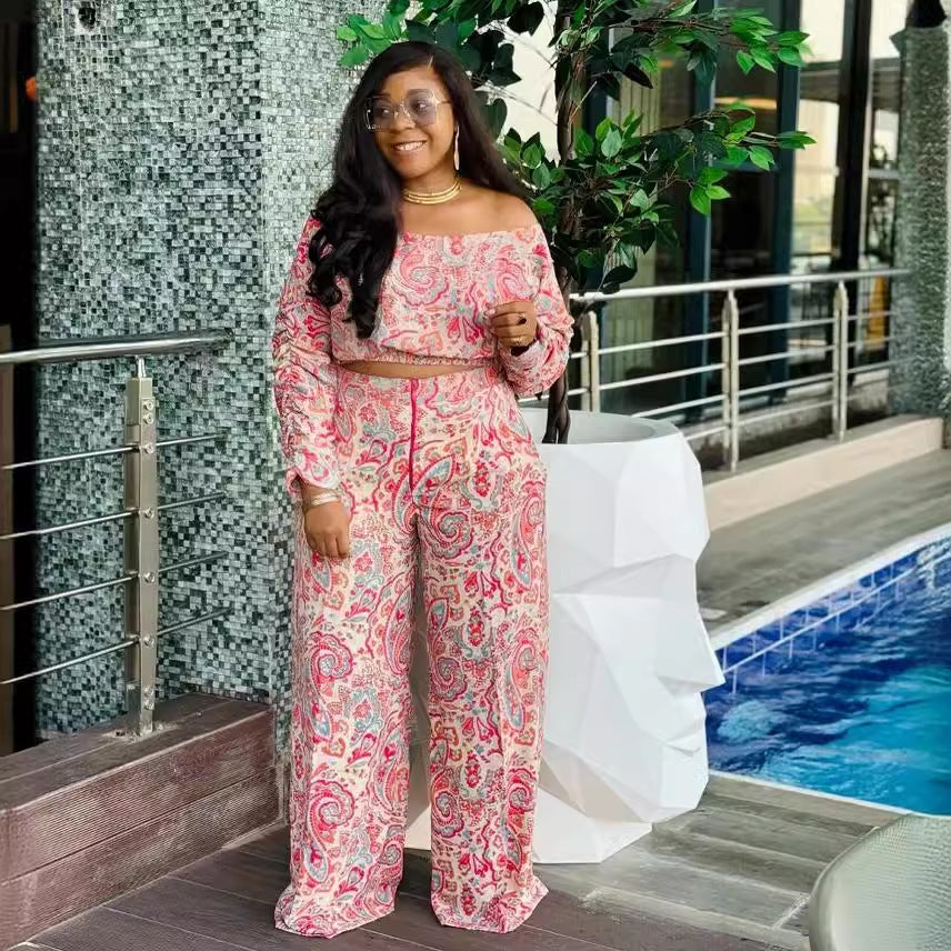 Women Sexy Printed Loose Off Shoulder Elastic Pleated Long Sleeve Top and Wide Leg Pants Two-piece Set 4