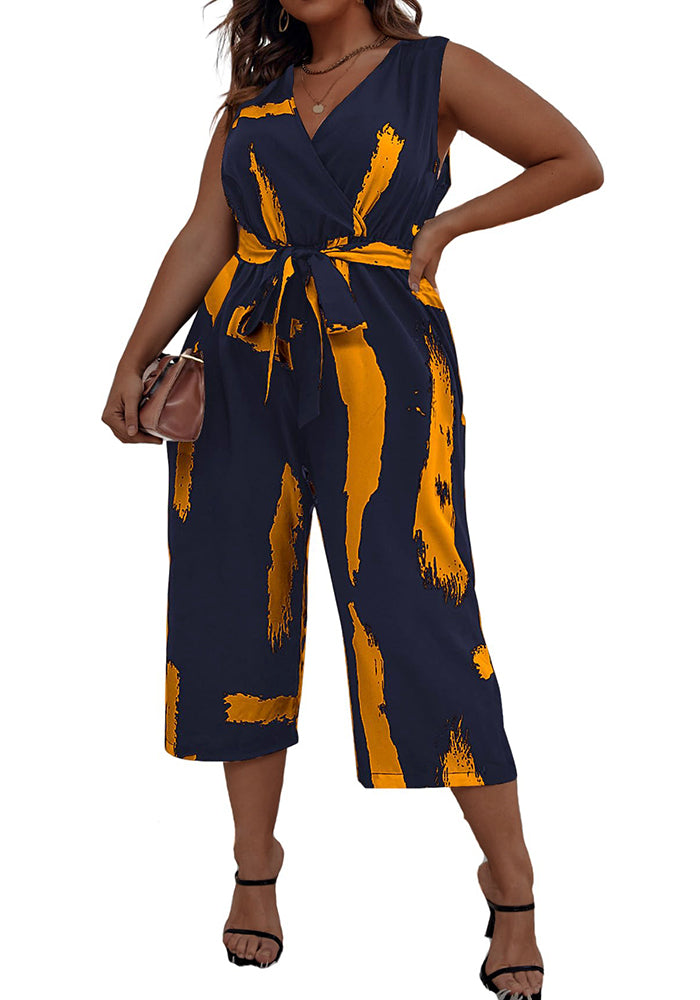 Summer Plus Size Women's Print Fashion V-Neck Sleeveless Two-Piece Trousers Set