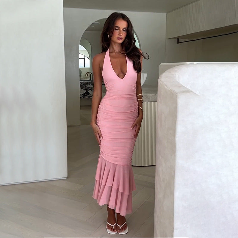 Sexy deep V neck Strap Halter Neck women Low Back long dress